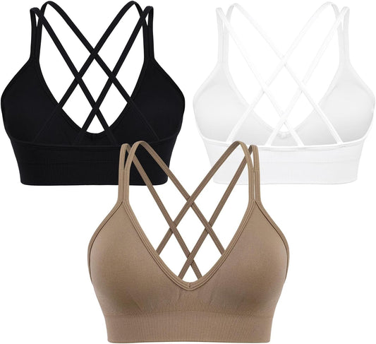 Strappy Women Sports Bra V-Neck Criss Cross Back Padded Yoga Bra Seamless Workout Bras Spaghetti Strap Bralettes