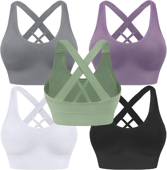 Sports Bra for Women Padded Medium Support Criss Cross Strappy Bras Seamless High Impact Yoga Exercise Athletic Bras