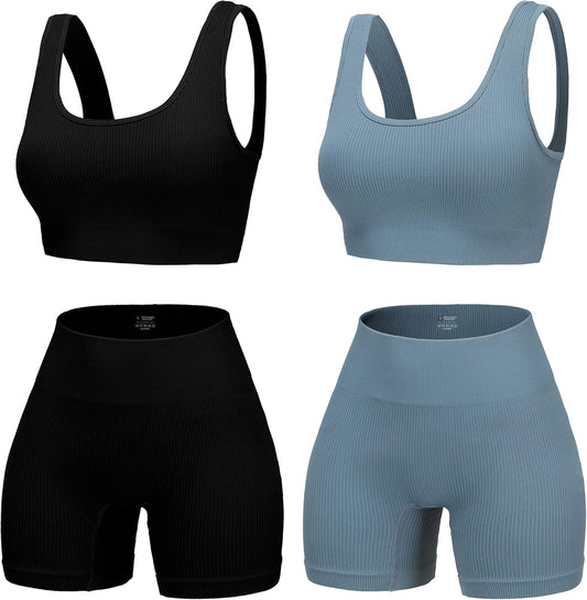 4 Piece Workout Sets for Women Seamless Ribbed High Waist Yoga Shorts with Sports Bra Outfits