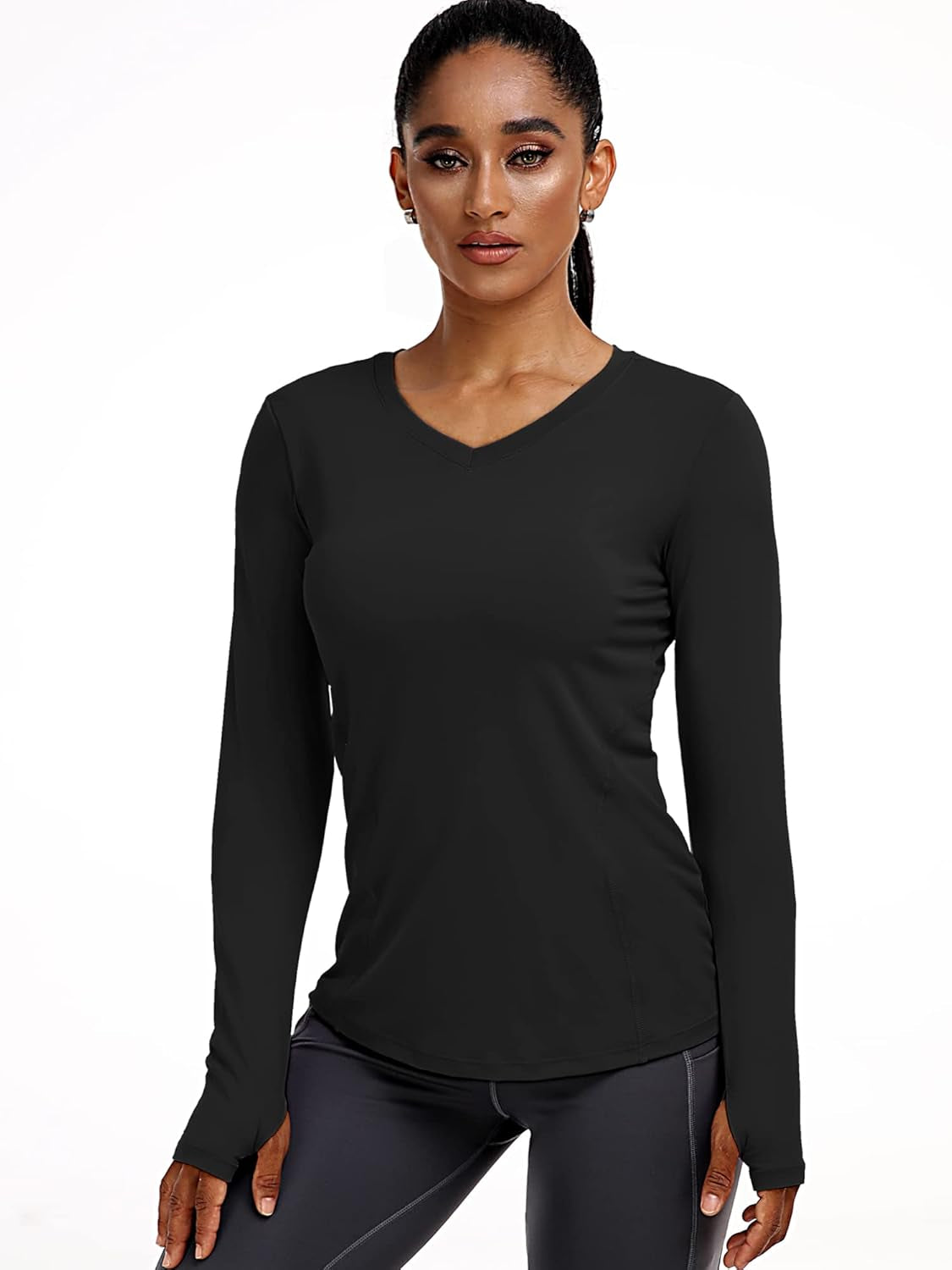 Women Long Sleeve Shirt for Workout Dry Fit Yoga T Shirts V-Neck